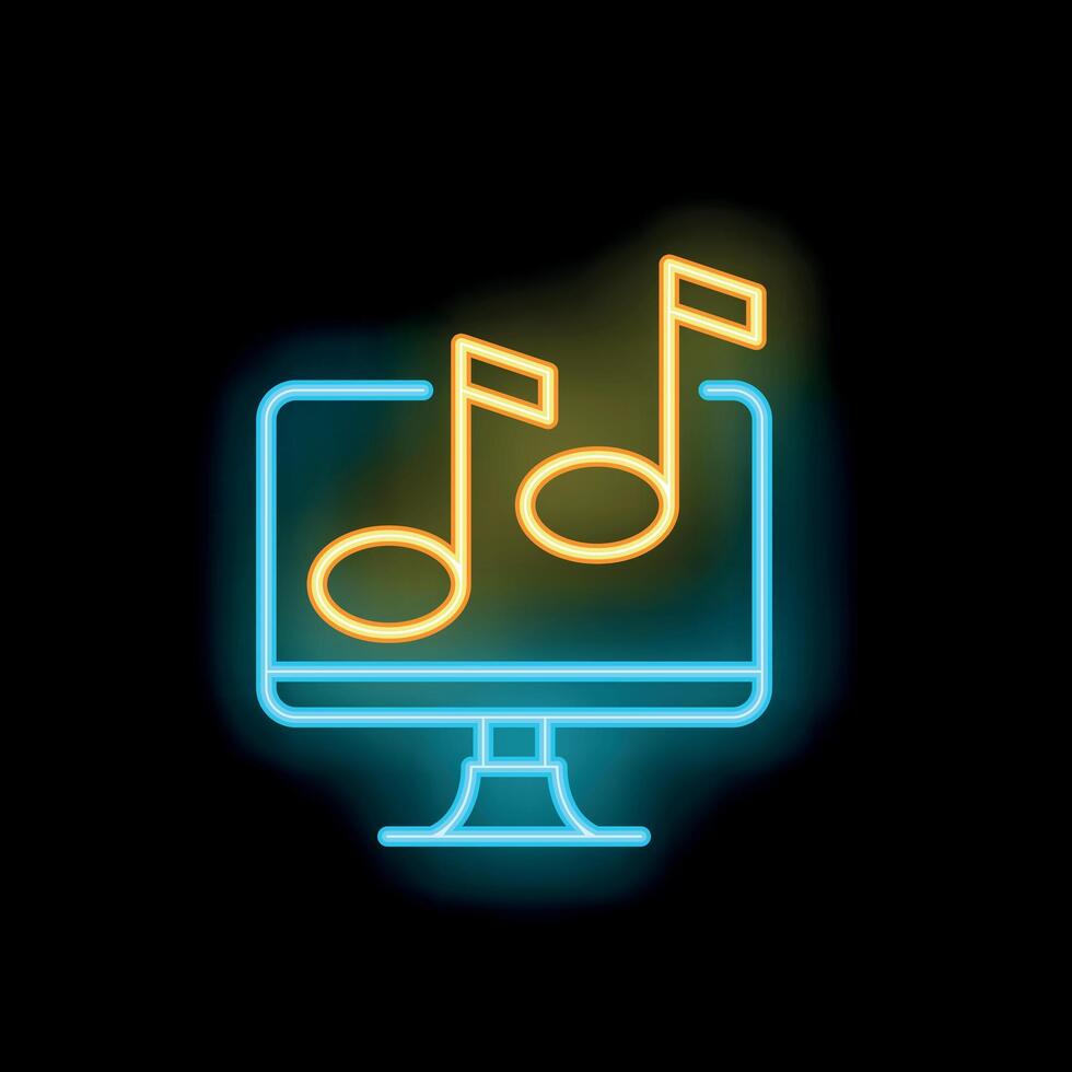 Neon icon of computer screen displaying music notes for online music streaming vector