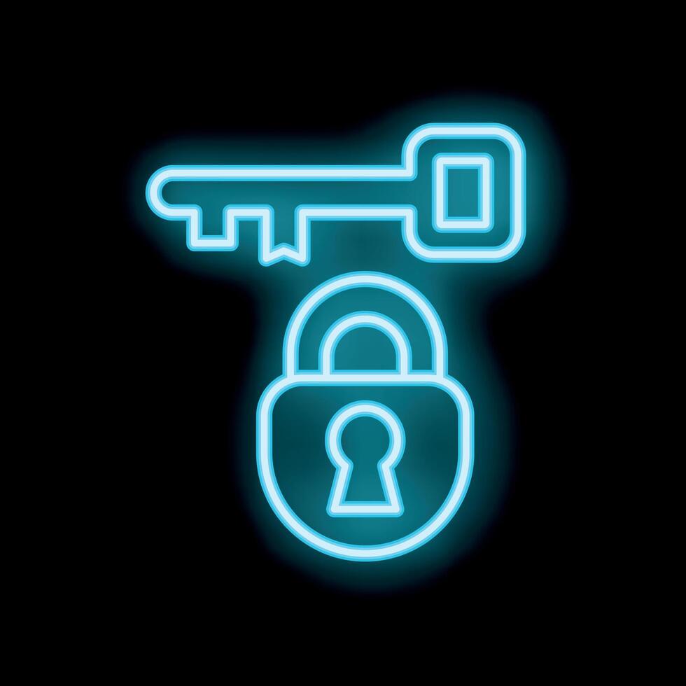 Blue neon lock and key icon glowing on black background vector