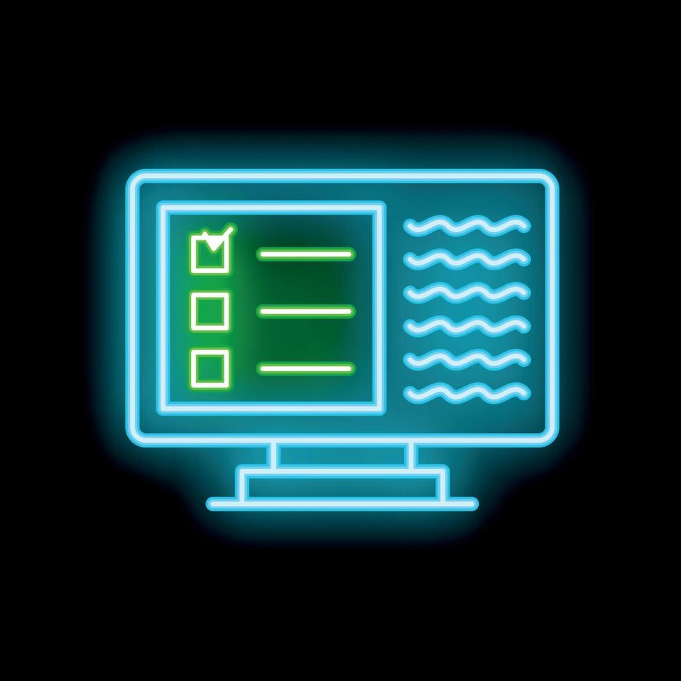Neon style icon showing a computer displaying a checklist and text file vector