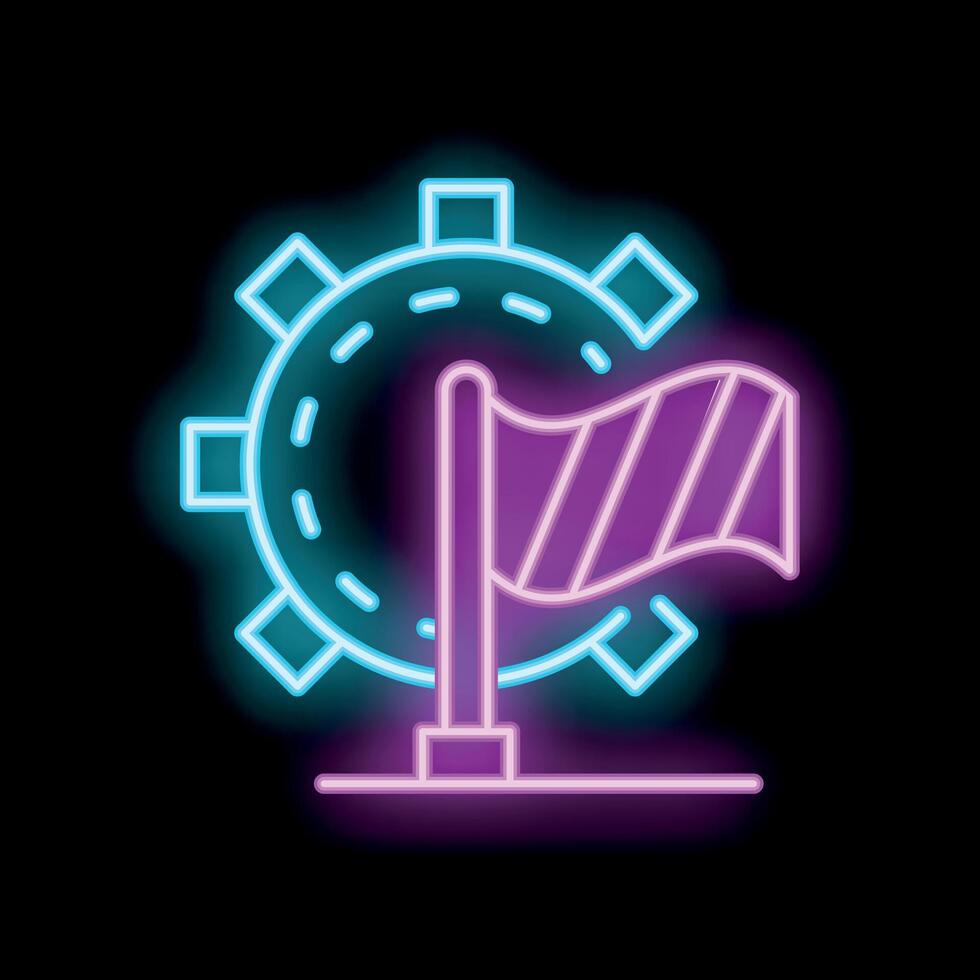 Neon style icon showing virus with warning flag for pandemic restrictions vector