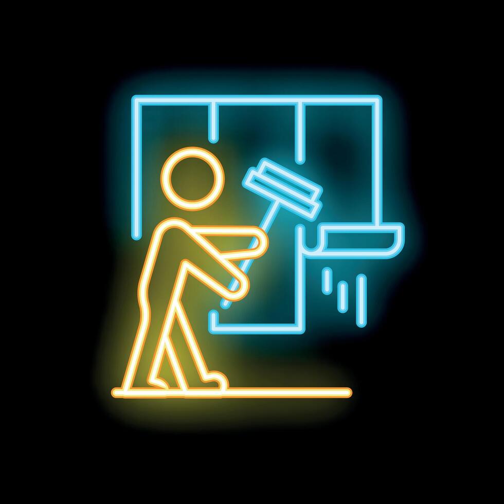 Professional cleaning service worker mopping floor neon sign icon vector