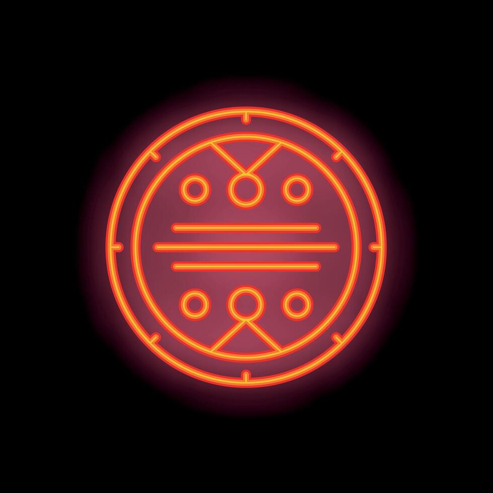 Neon sign of a round talisman with esoteric symbols glowing on a brick wall vector