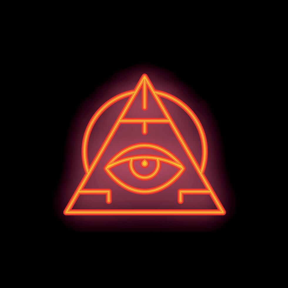 Neon sign representing all seeing eye inside pyramid with circle vector