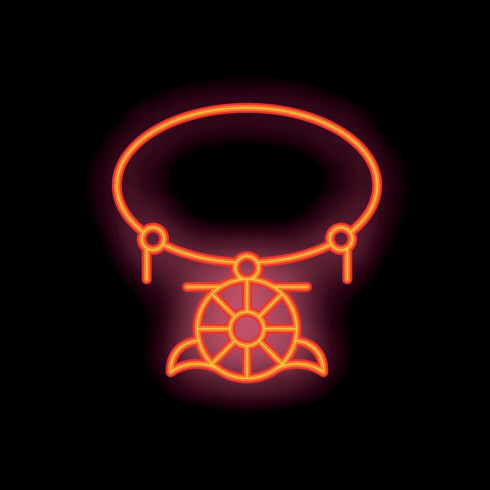 Neon sign depicting a round amulet with a wheel of fortune on a chain on a black background vector