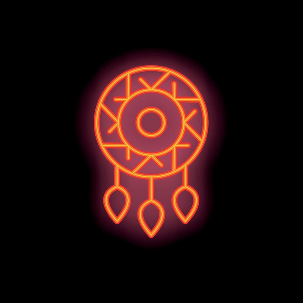Red neon sign of dreamcatcher with feathers glowing on black background vector