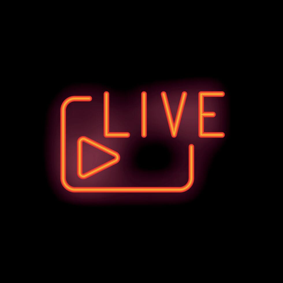 Neon live streaming sign with play button in frame on black background vector