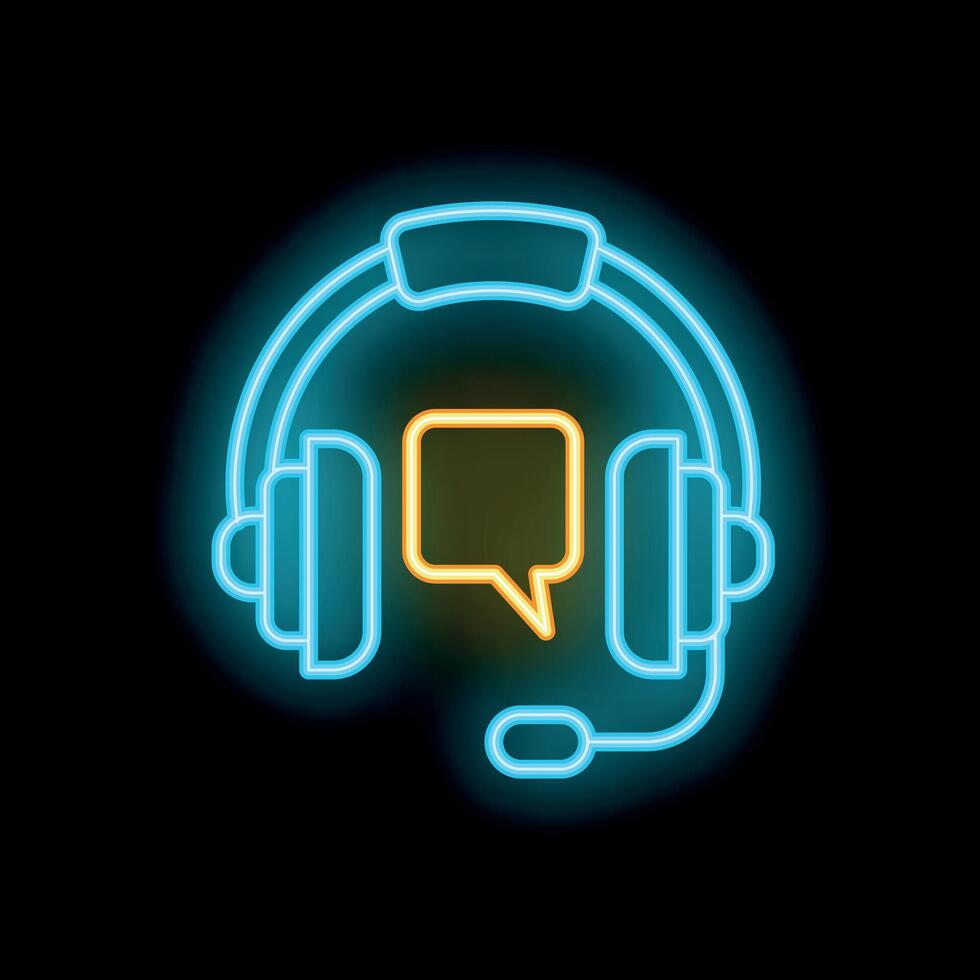 Neon headset with microphone and speech bubble is glowing on black background vector