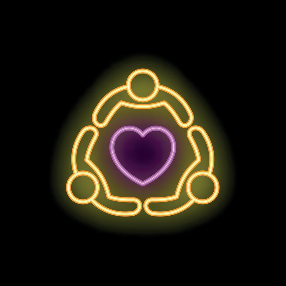 Neon icon of people holding hands around heart showing teamwork vector