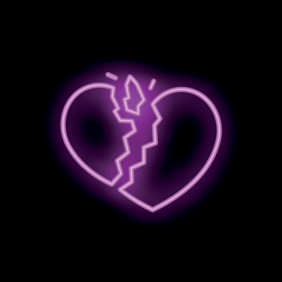 Purple neon sign showing broken heart on black background vector