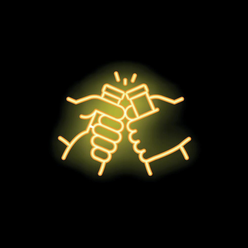 Three hands toasting with glasses in neon style vector
