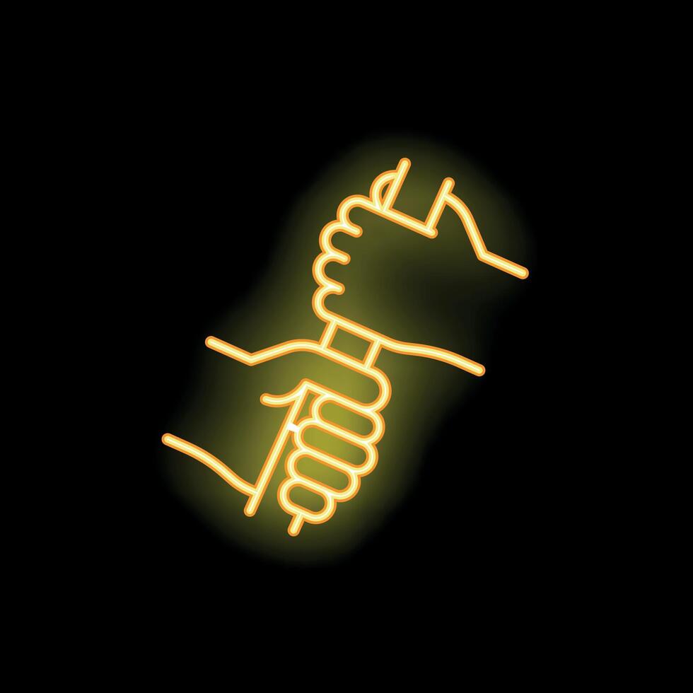 Two hands holding tightly neon sign on black background vector