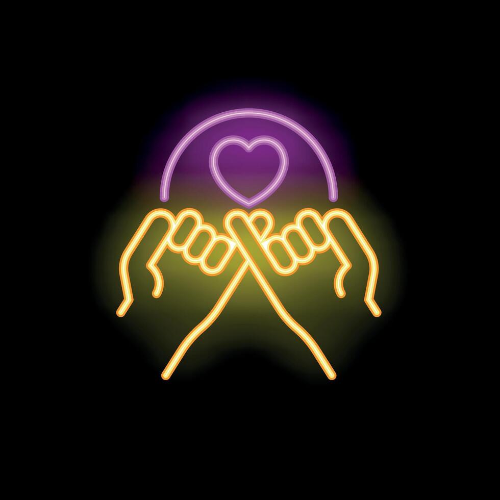 Two hands making pinky promise sign over neon heart shape vector