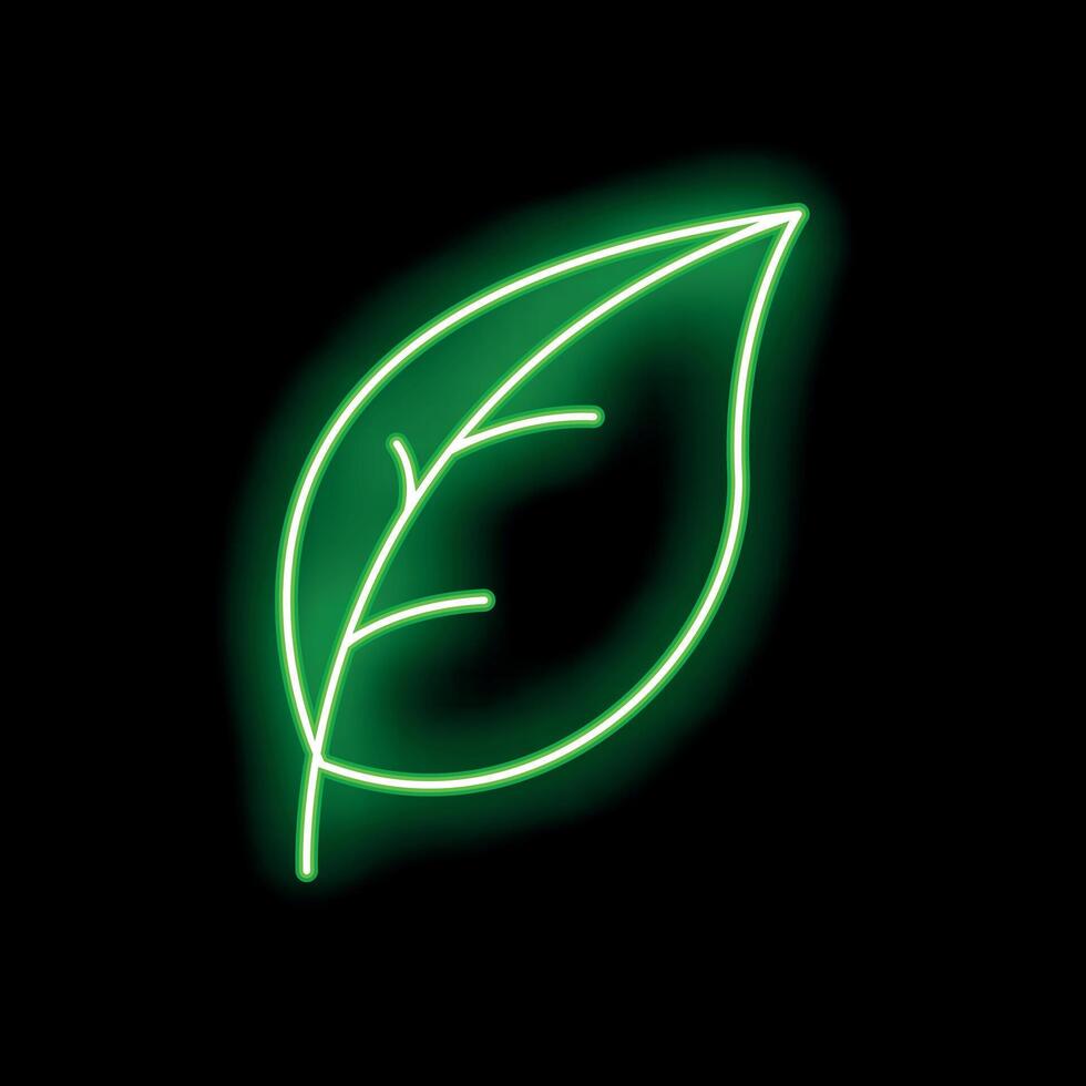 Bright green neon leaf glowing on black background vector