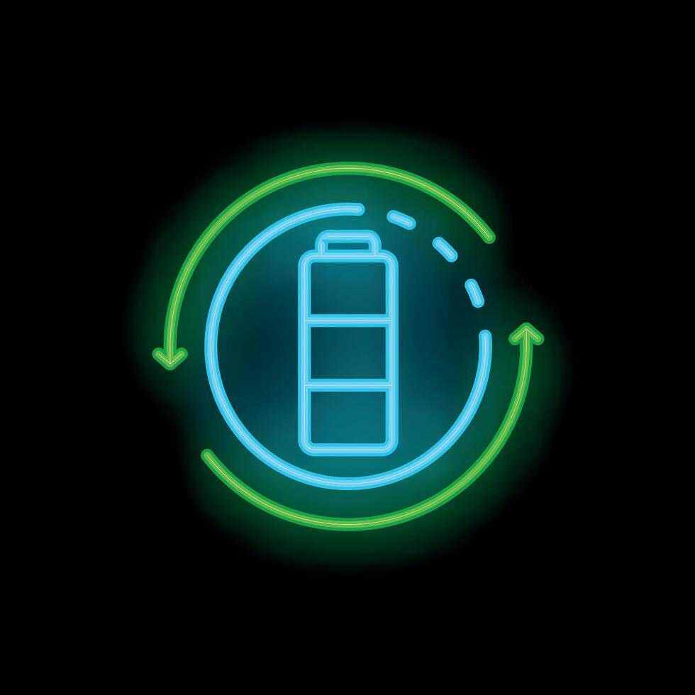 Neon battery recycling symbol with green arrows on black background vector