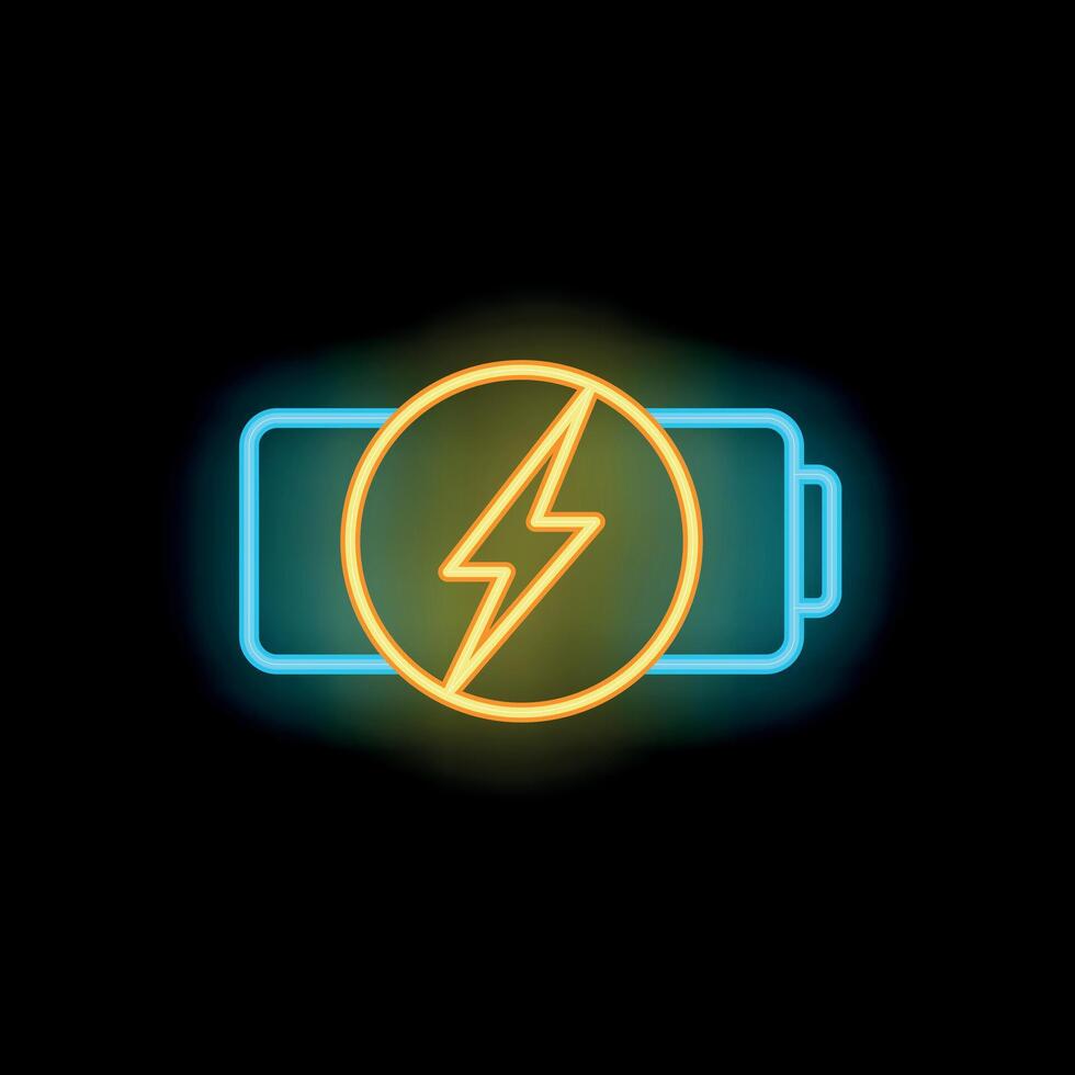 Neon battery icon glowing on dark background vector
