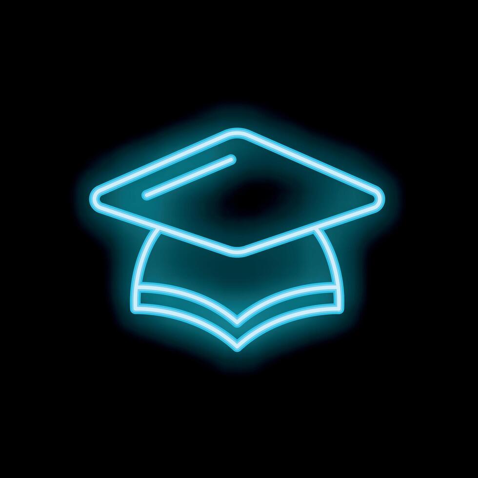 Blue neon graduation cap icon glowing on black background vector