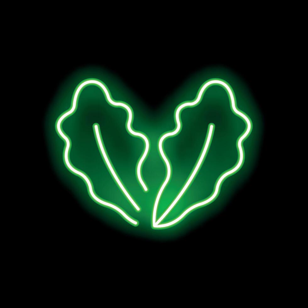 Green neon sign of two oak leaves forming a heart shape on black background vector