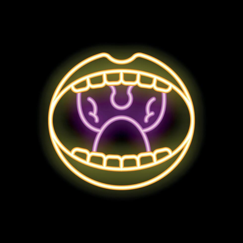Glowing neon line mouth with open eyes icon isolated on black background vector