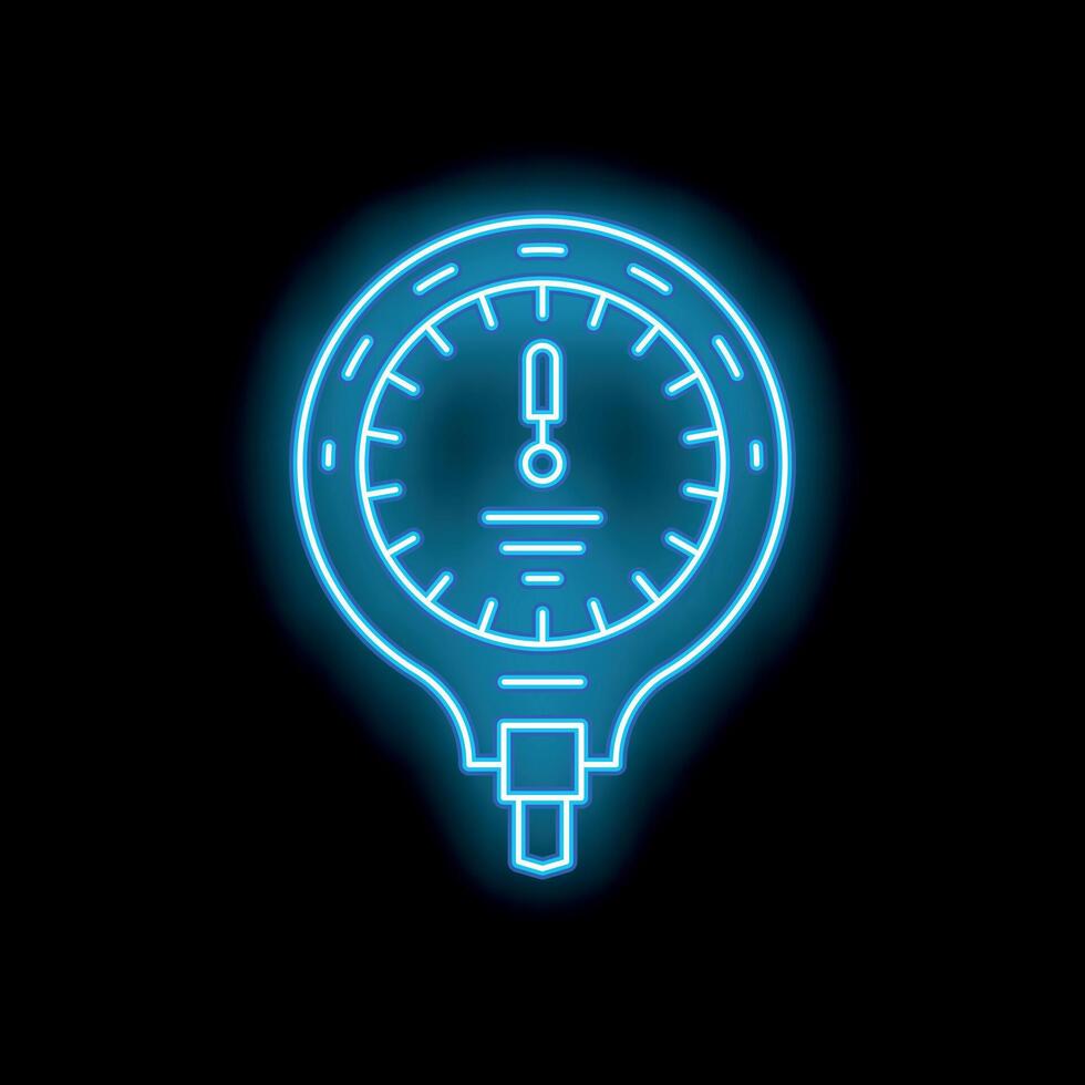 Neon blue gauge meter icon glowing on black background vector