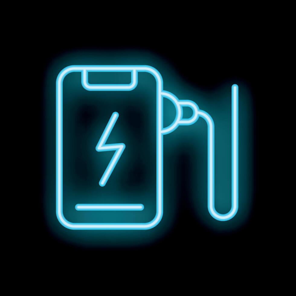 Neon smartphone charging with battery icon on black background vector