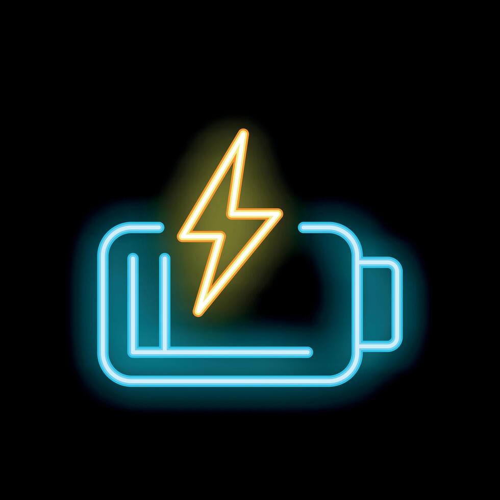 Neon battery icon glowing on dark background vector