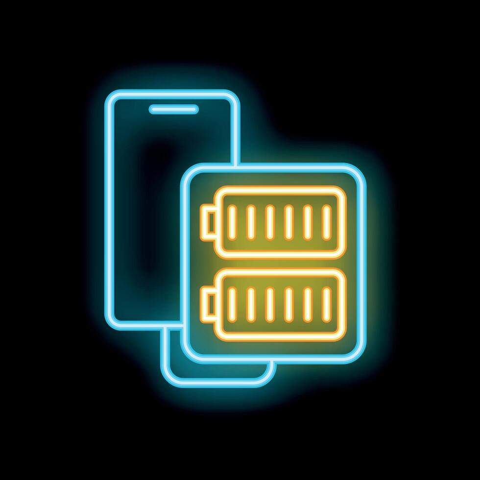 Neon icon of smartphone showing battery charging status on black background vector