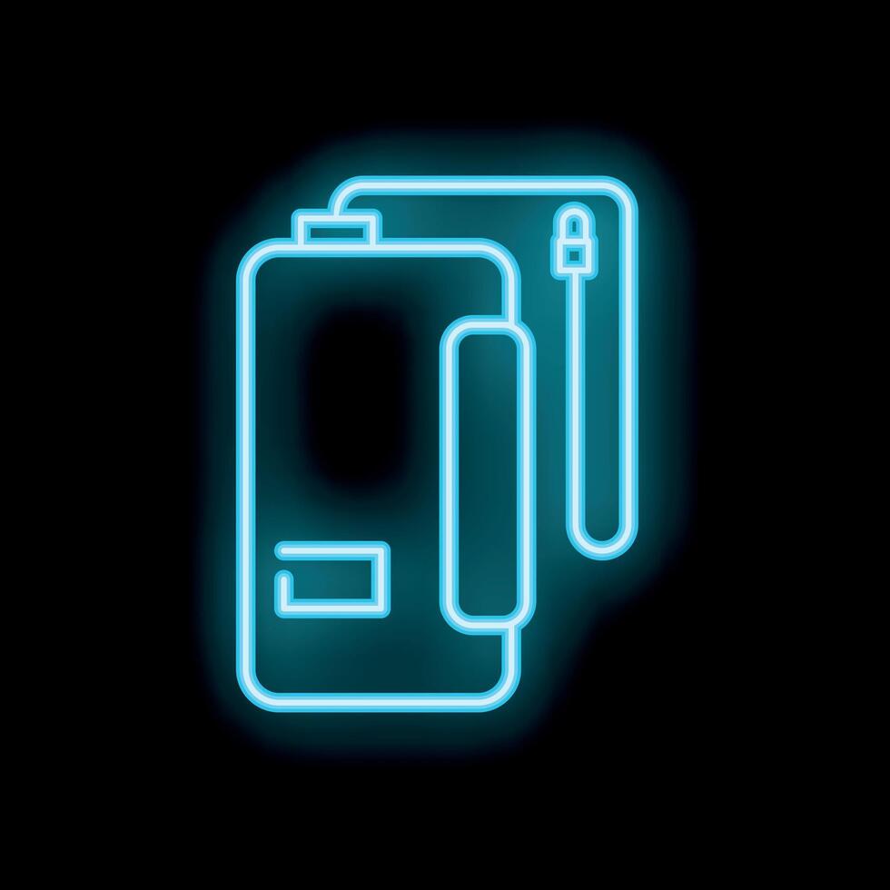 Blue glowing neon icon of power bank charging smartphone with cable vector