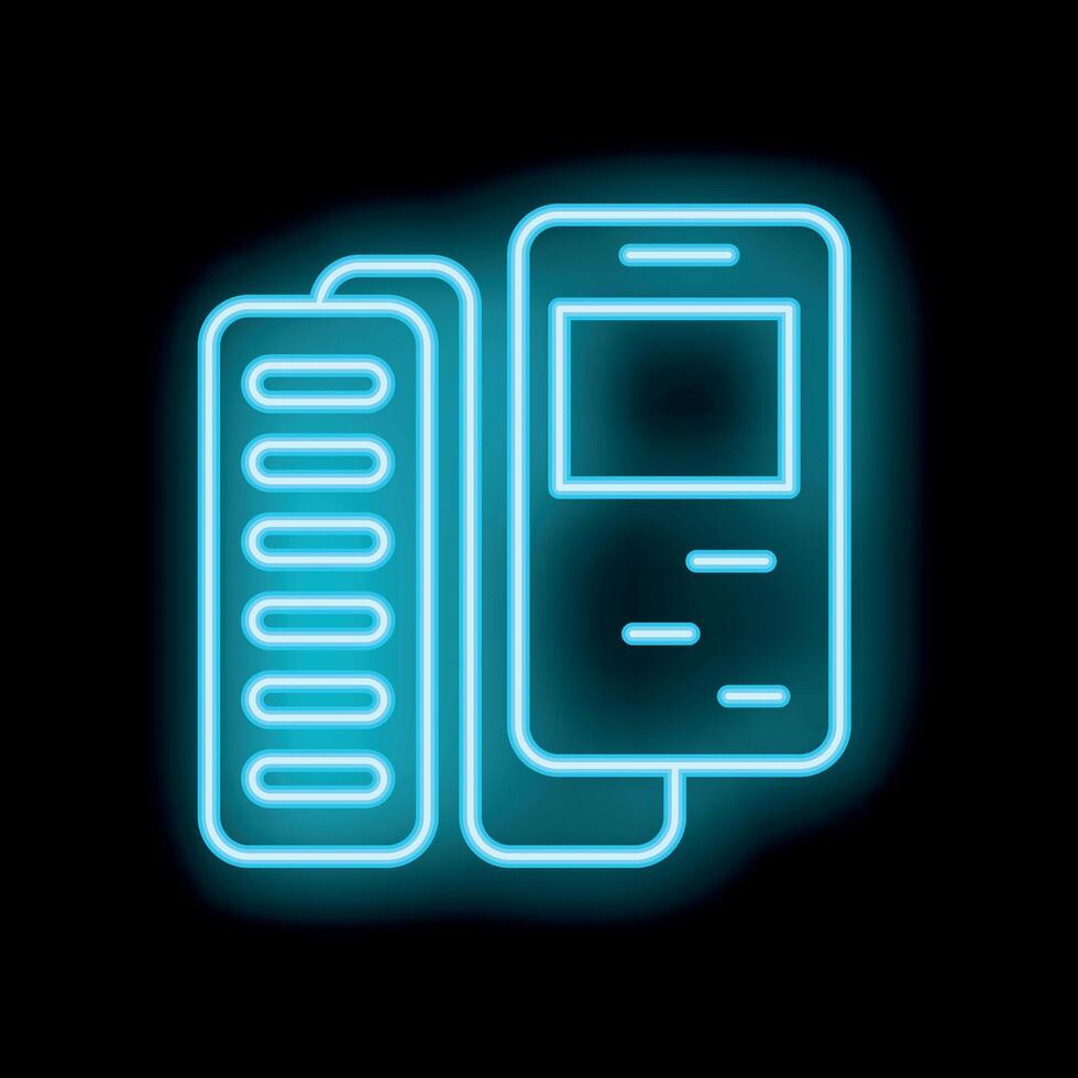 Neon mobile phone connecting to server database icon glowing on black background vector