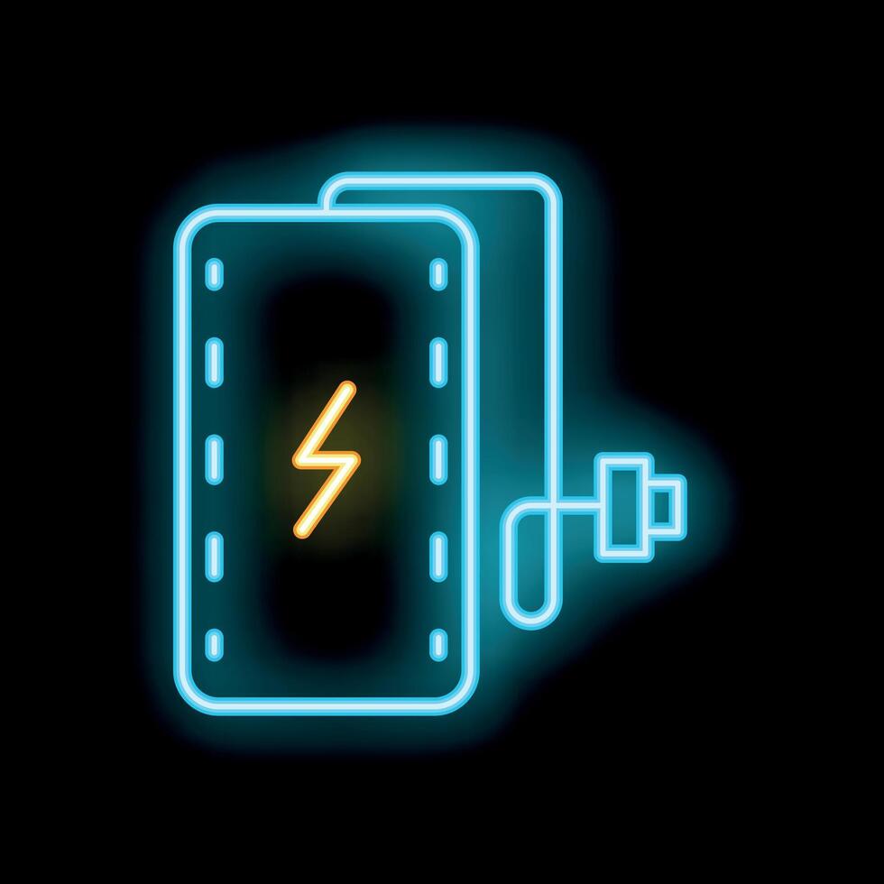 Neon power bank icon glowing on dark background vector