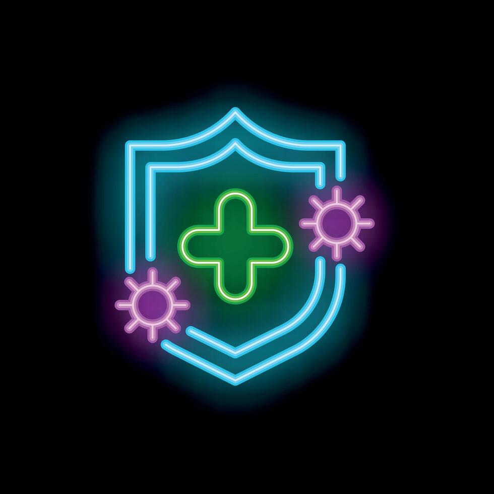 Neon shield protecting from virus with medical cross inside vector