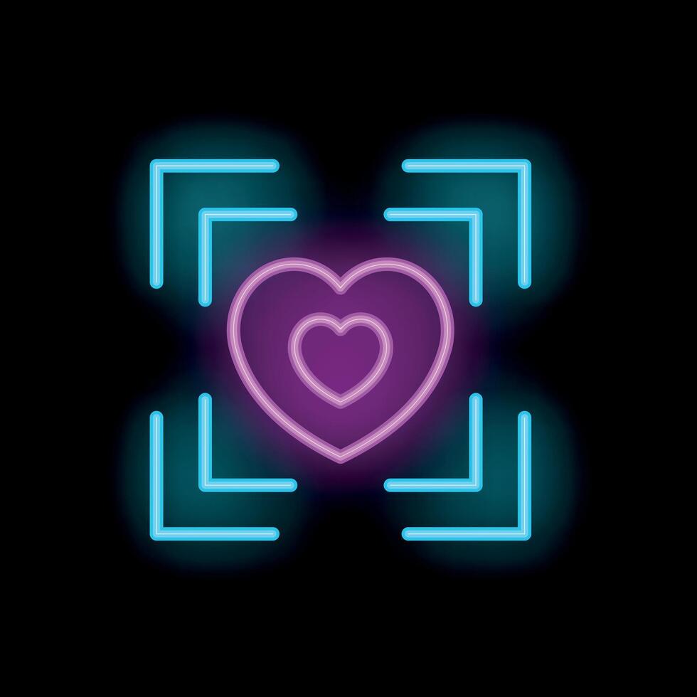 Neon heart captured inside glowing frame on black background vector