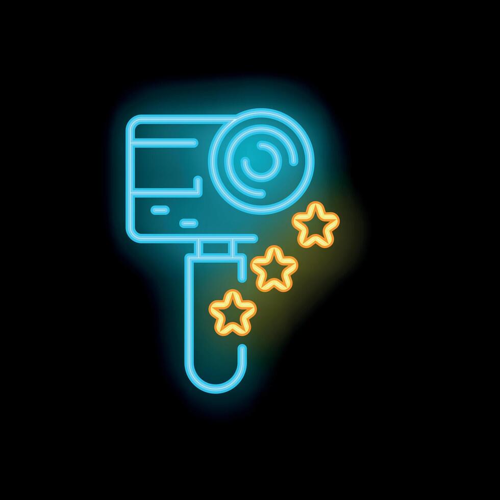 Neon icon of action camera with stars for blogging or extreme shooting vector