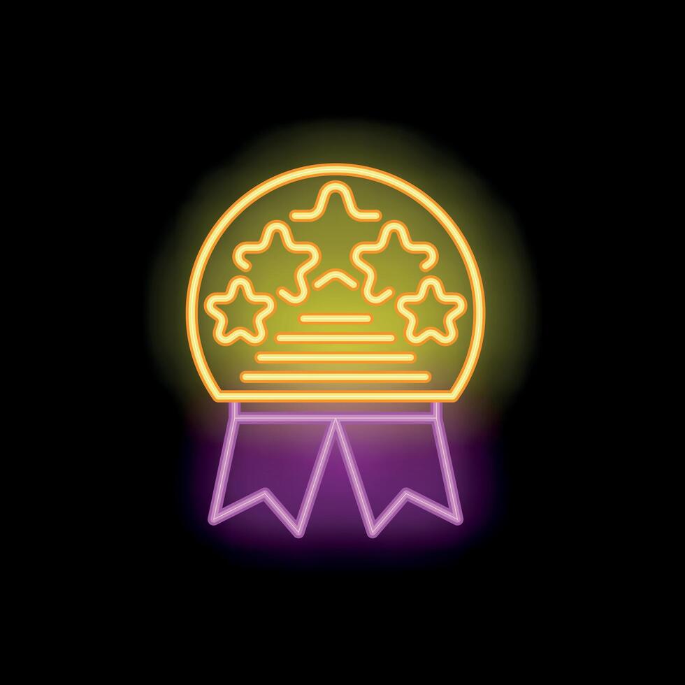 Neon sign representing quality guarantee with five stars and ribbon on black background vector