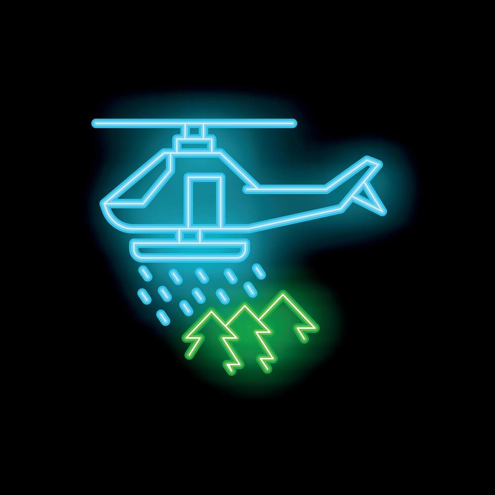 Neon icon of helicopter spraying water over burning forest fire vector