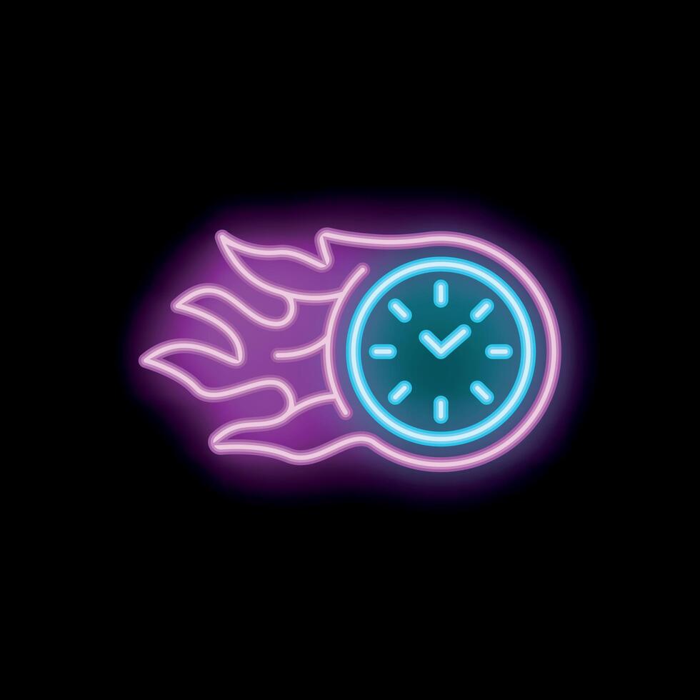 Neon sign of clock surrounded by flames on black background vector