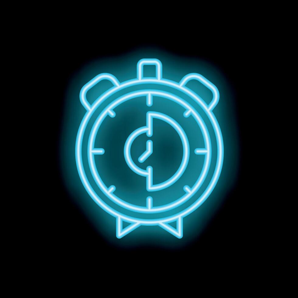 Blue neon alarm clock shining on black background vector