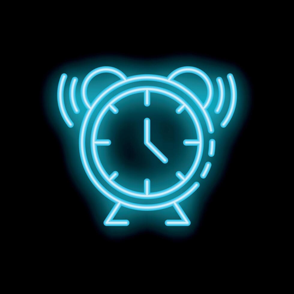 Blue neon alarm clock ringing on black background vector