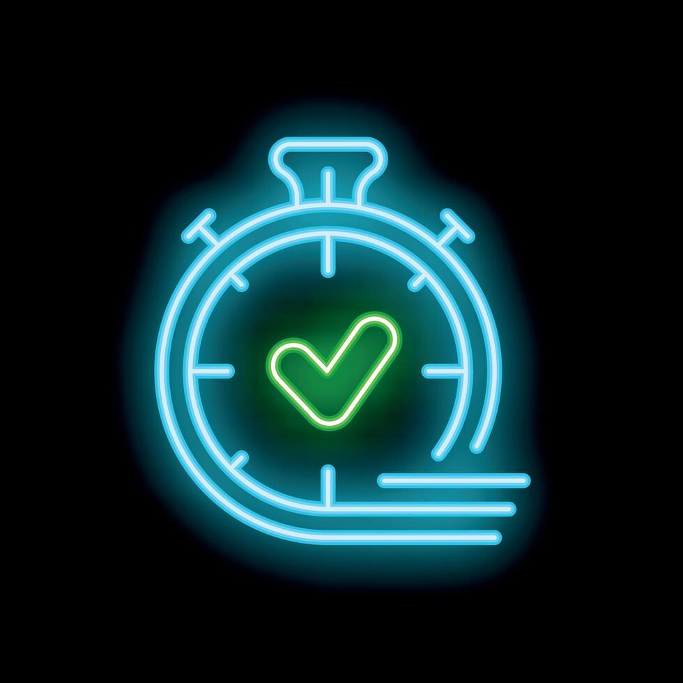 Neon stopwatch showing time passing and green check mark symbol vector