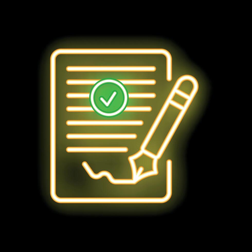 Neon sign of a document being signed with a green check mark symbol vector