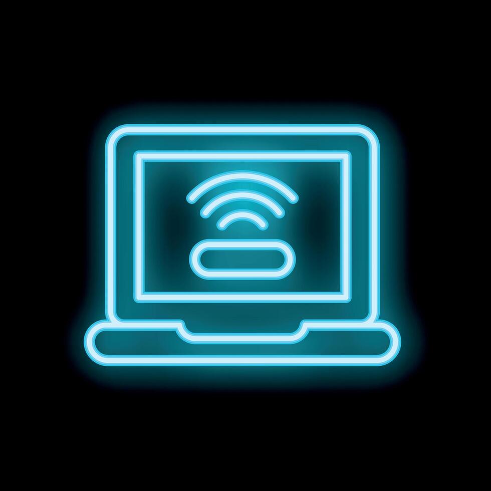 Neon laptop showing wifi signal on black background vector