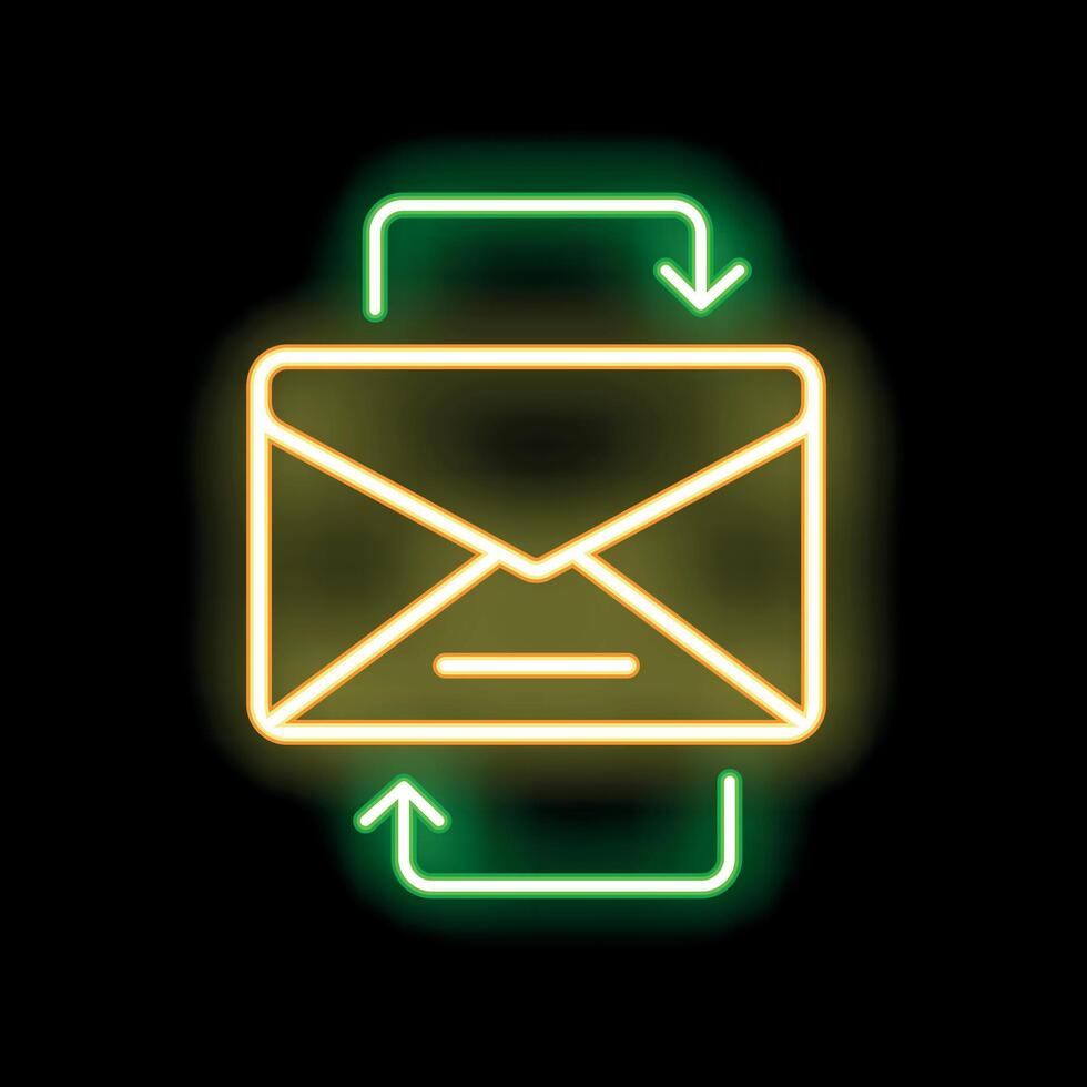 Glowing neon mailbox icon with green arrows representing messages coming in and going out vector