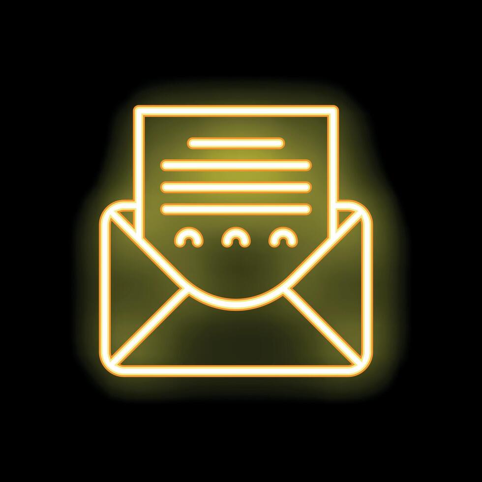 Neon yellow open envelope containing letter with text and sending love hearts on black background vector