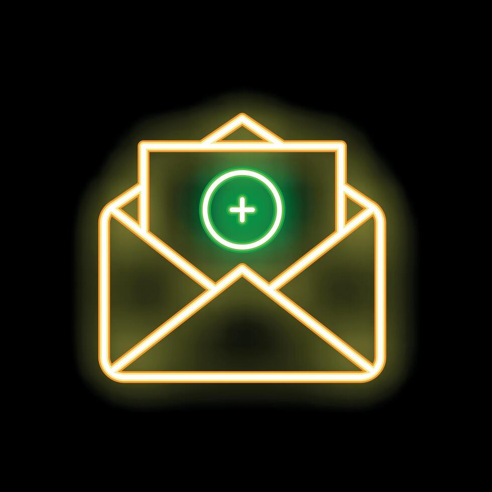 Neon mail enveloppe with plus sign glowing on black background vector