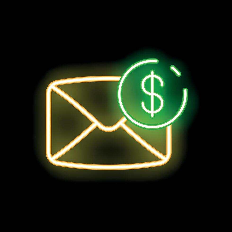 Neon mail envelope with dollar coin icon glowing on black background vector