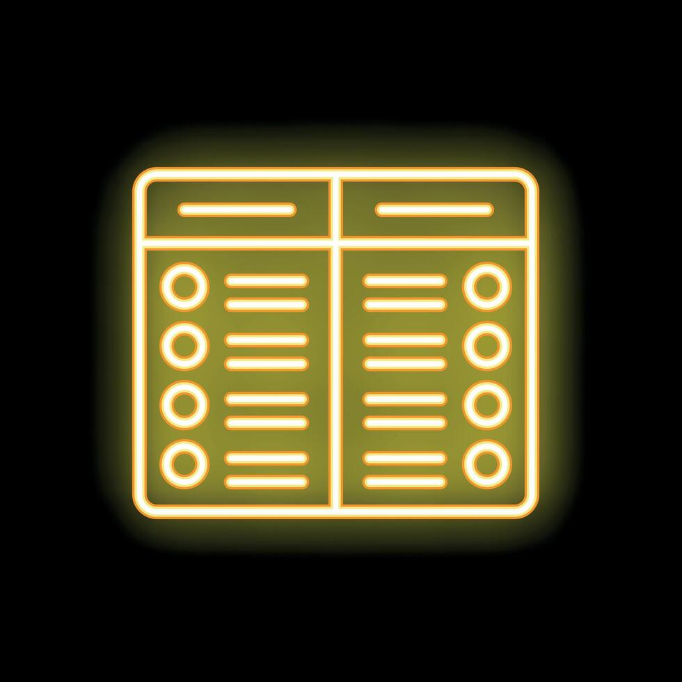 Yellow neon spreadsheet icon representing organizing and managing data vector