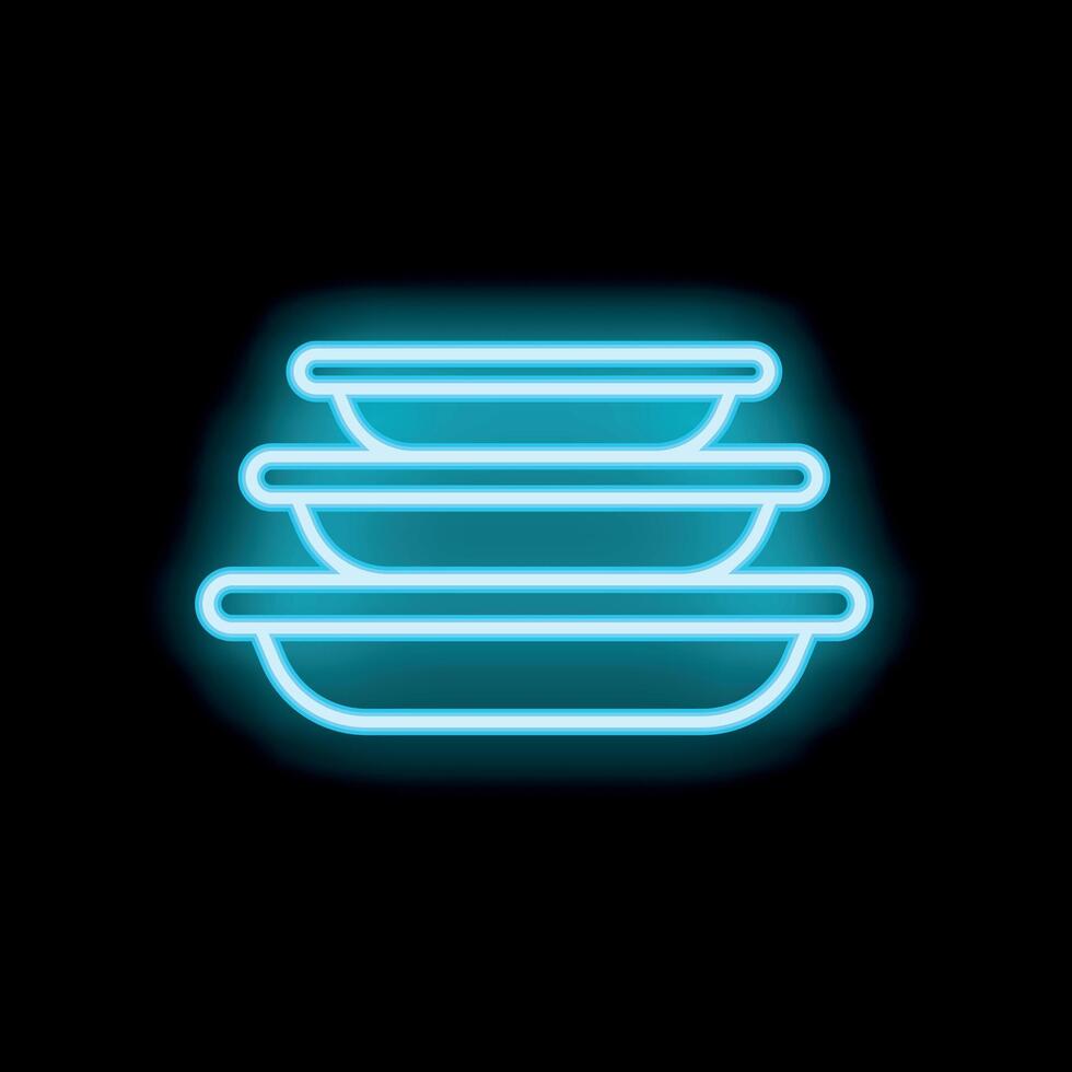 Neon icon of stacked plates glowing blue on black background vector