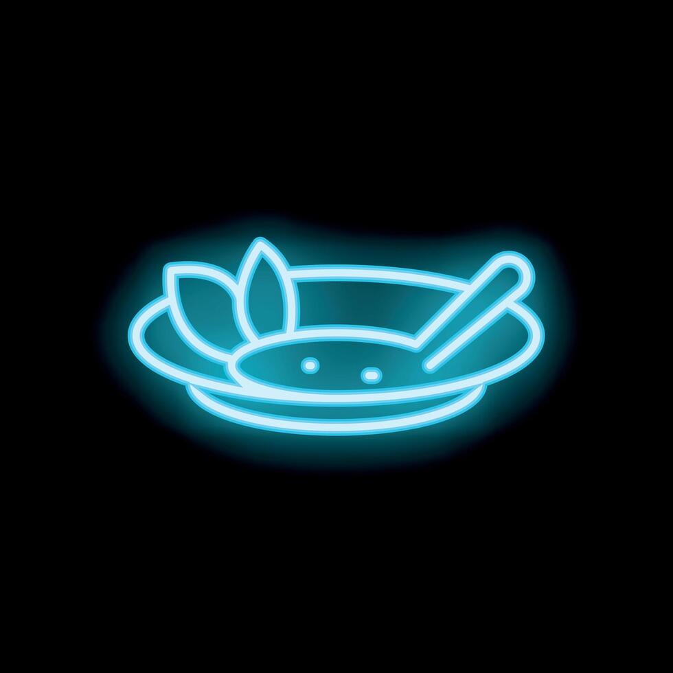 Blue neon sign of healthy food on a plate with fork on black background vector
