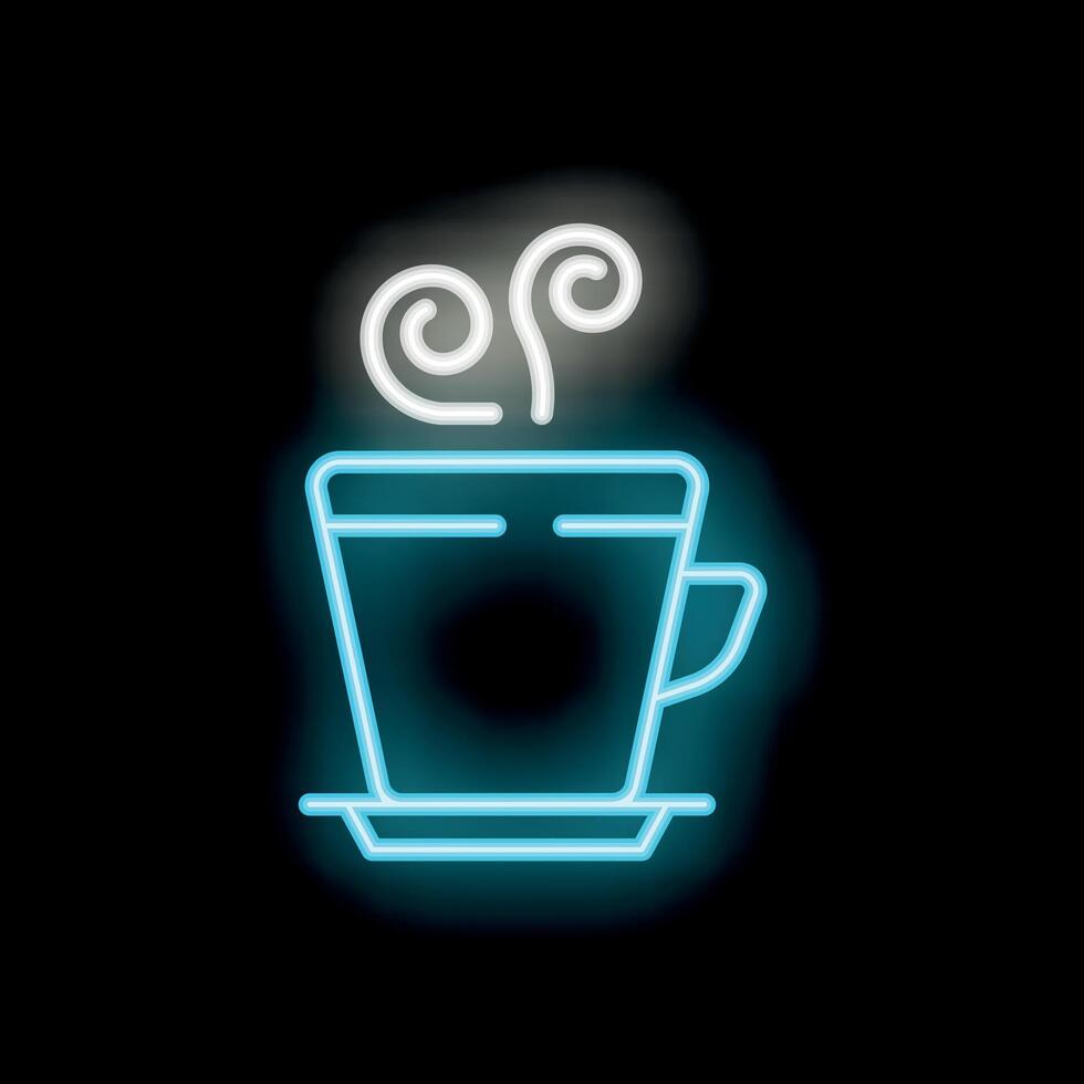 Blue neon sign of hot beverage with steam rising on black background vector
