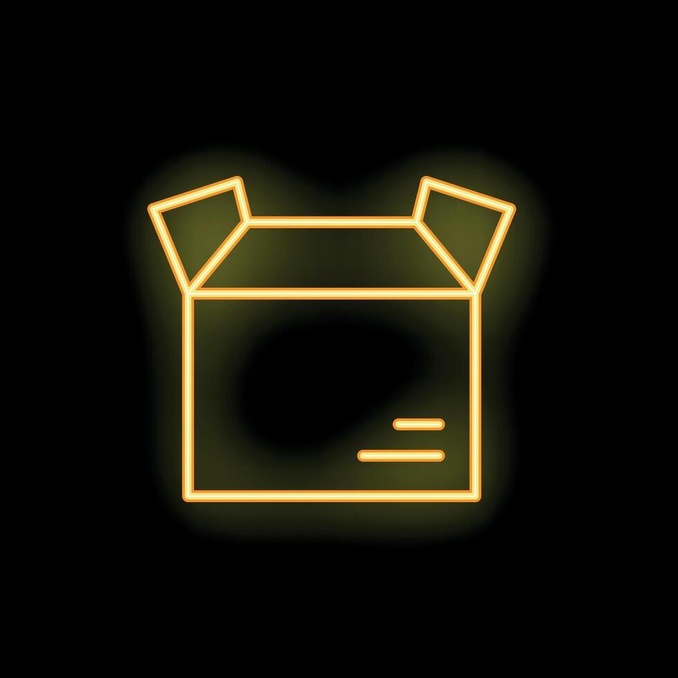 Neon yellow open cardboard box with label on black background vector