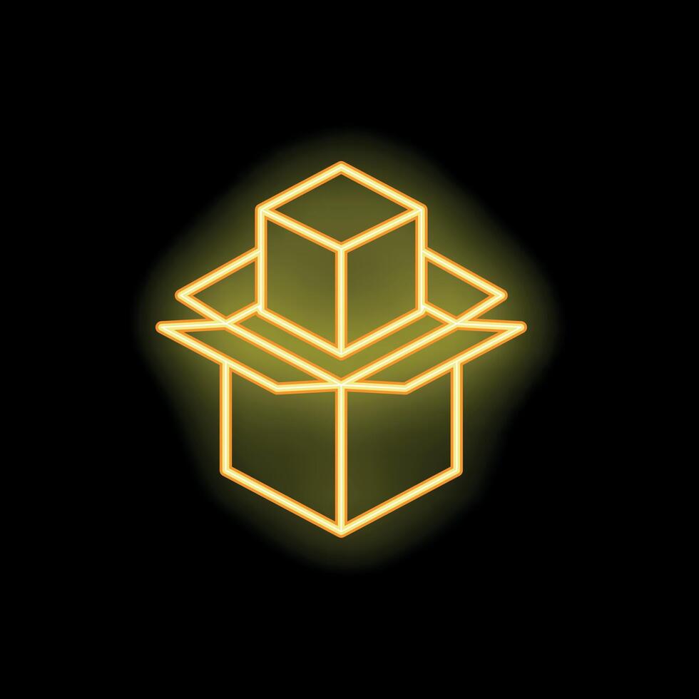Neon sign of open box with cube inside on black background vector